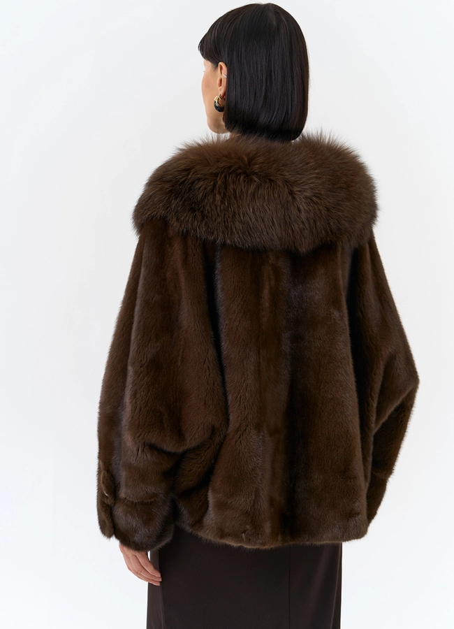 Шуба из норки с отделкой из меха чернобурки модель № 32030 в рассрочку фото