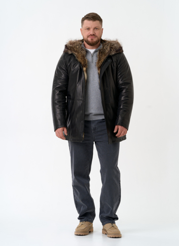 Мужская натуральная дубленка на волке с отделкой из меха енота