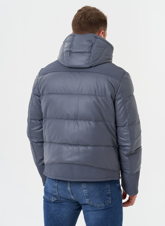 Пуховик из натуральной кожи с капюшоном