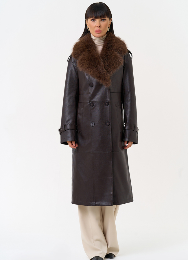 Женское утепленное пальто из экокожи с воротником из эко меха модель № 30704 универмаг малина