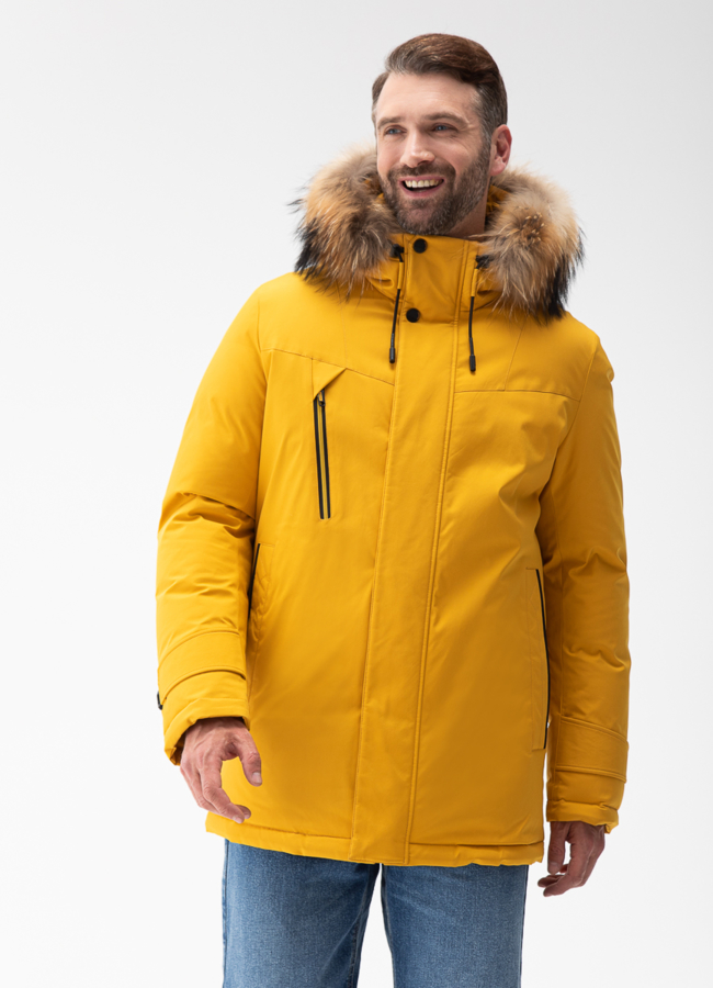 Мужской пуховик с капюшоном из меха енота модель № 28401 в кредит