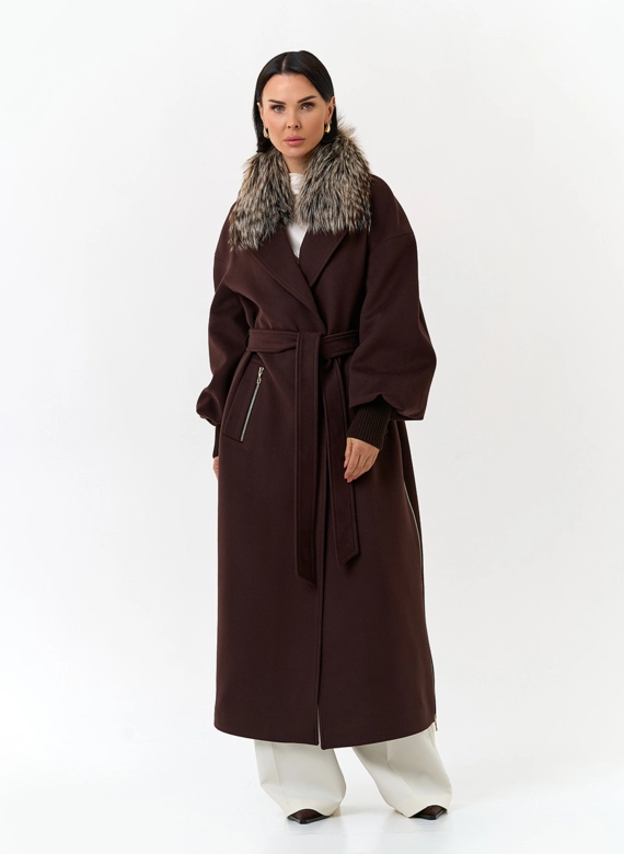 Женское длинное пальто с отделкой из меха лисы