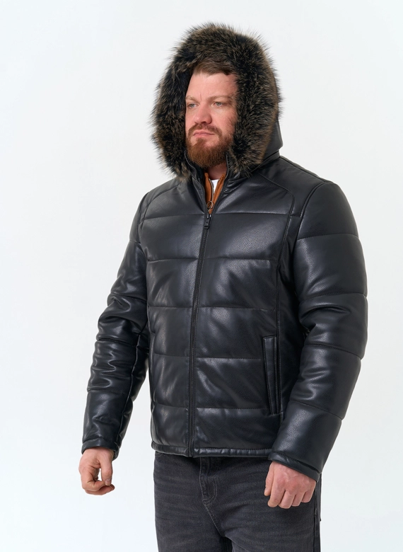 Мужской пуховик из эко кожи с мехом енота на капюшоне фото