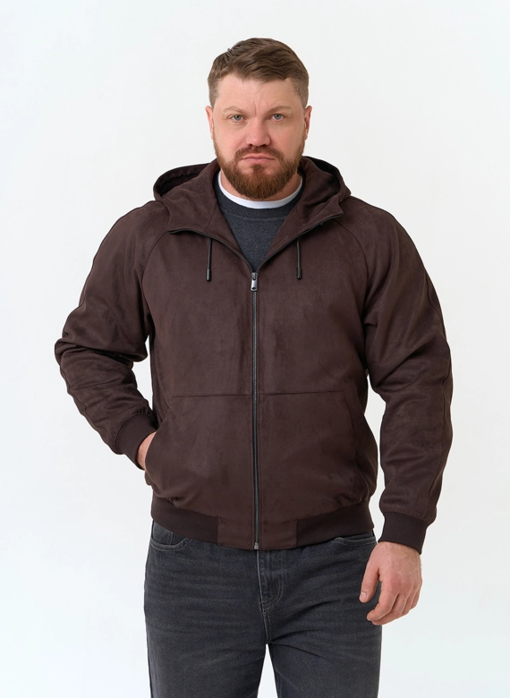 Мужская куртка бомбер из эко замши с капюшоном фото