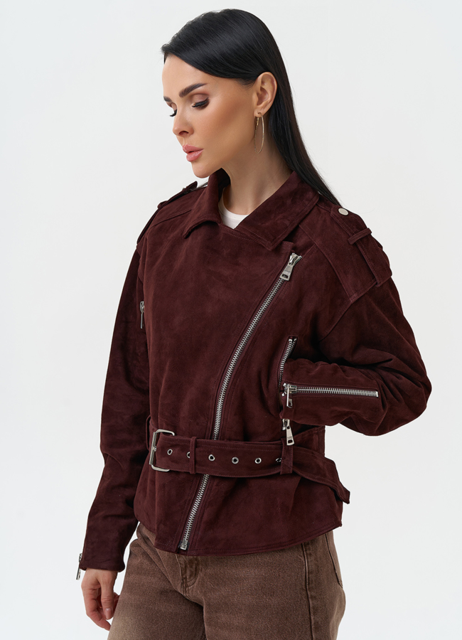Женская куртка из натуральной замши с поясом модель № 30363 универмаг малина