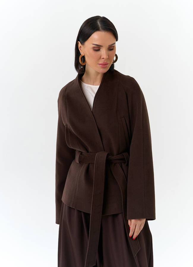 Женское укороченное пальто с поясом модель № 32688 универмаг малина