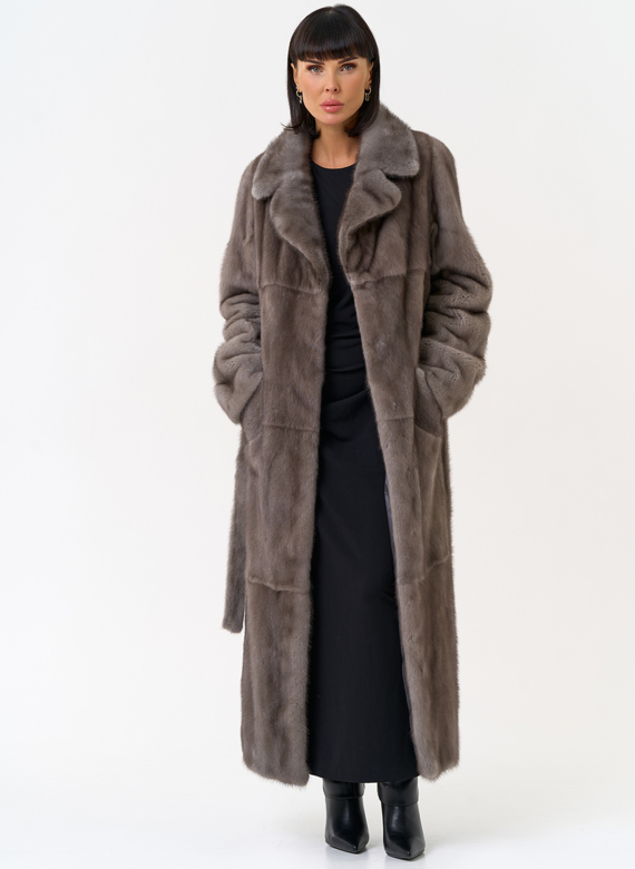 Длинная шуба из меха норки с английским воротником