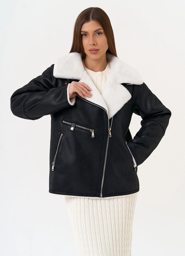 Женская дубленка из эко замши черного цвета модель № 31514 в кредит