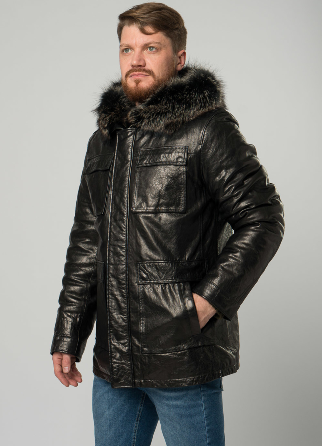 Мужской пуховик из натуральной кожи с капюшоном и отделкой из енота модель № 21923 универмаг малина