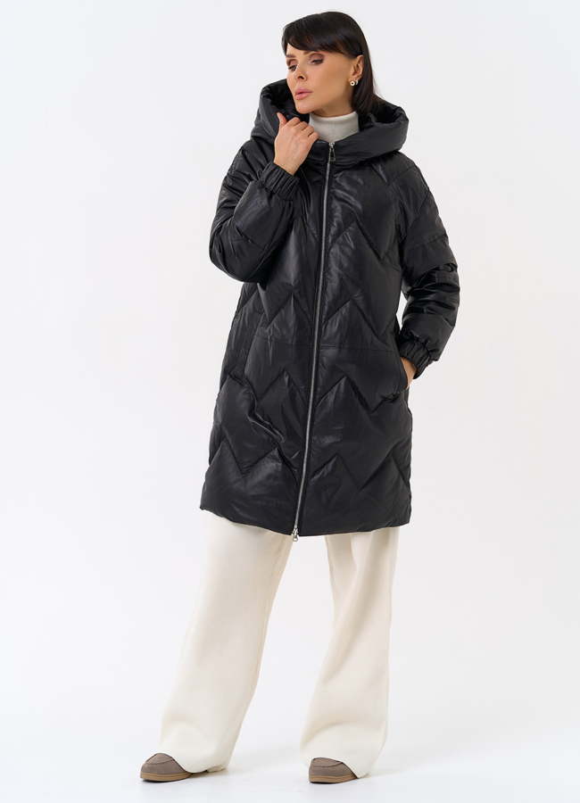 Длинный пуховик из кожи модель № 31215 универмаг малина