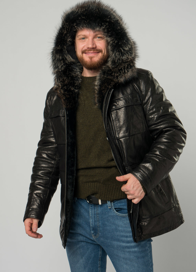 Мужской пуховик из натуральной кожи с капюшоном и отделкой из енота модель № 21923 универмаг малина