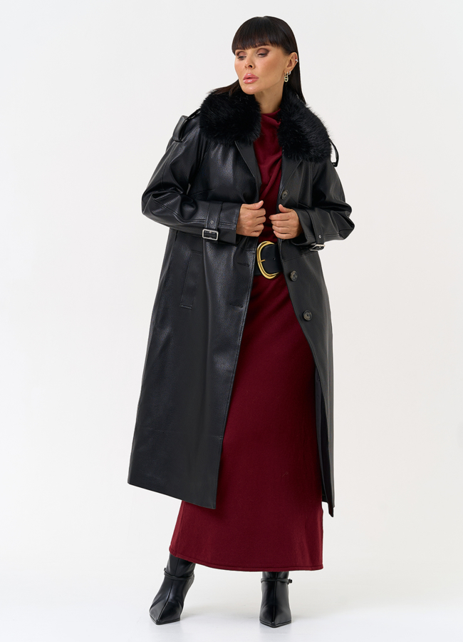 Женское утепленное пальто из экокожи с воротником из эко меха модель № 30705 универмаг малина