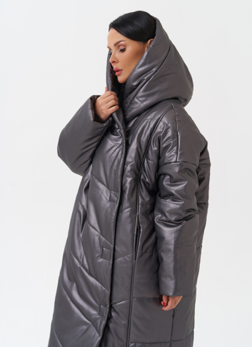 Пуховик из эко кожи с капюшоном