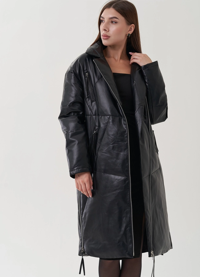 Пуховик женский из эко кожи с английским воротником модель № 25466 универмаг малина