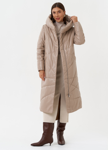 Женский пуховик из эко кожи с поясом