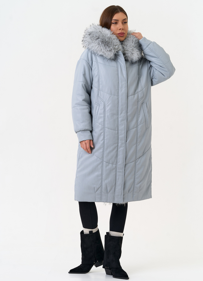 Женский пуховик из эко кожи с отделкой из эко меха модель № 30720 универмаг малина