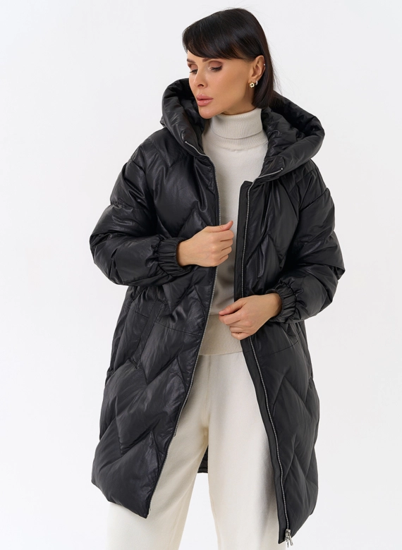 Длинный пуховик из кожи