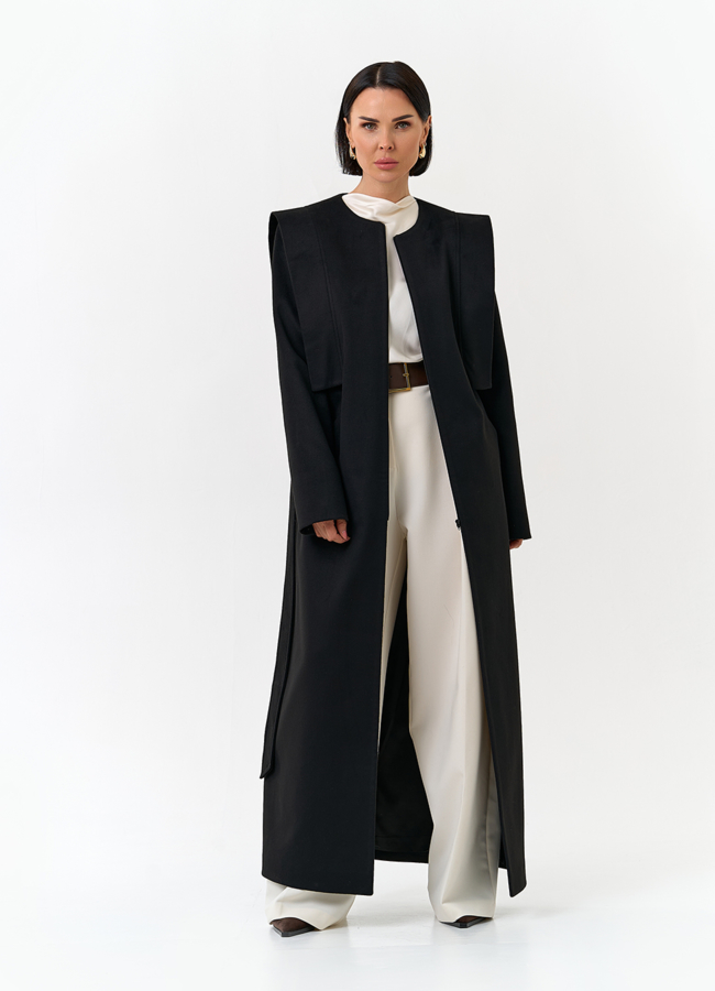 Женское длинное пальто с акцентными плечами модель № 32856 универмаг малина