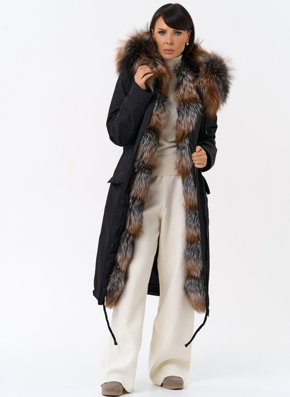 Женская парка с капюшоном из меха чернобурой лисы