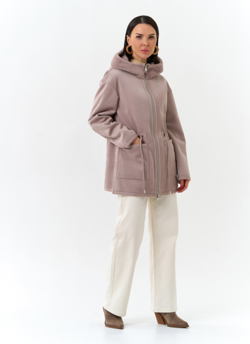 Двухсторонняя дубленка из эко замши с капюшоном