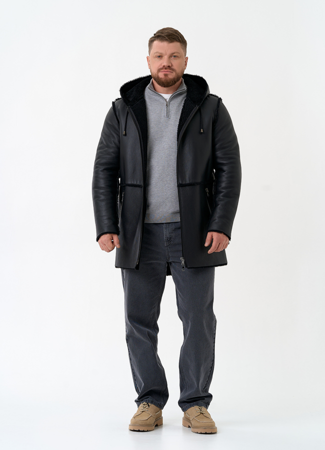 Мужская натуральная дубленка с капюшоном модель № 32060 универмаг малина