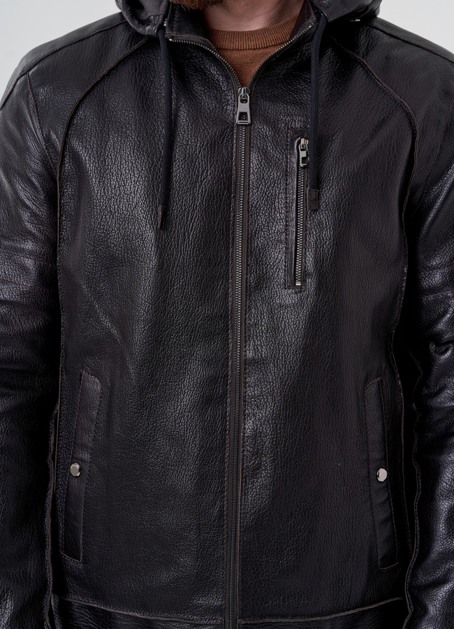 Мужская кожаная куртка с капюшоном модель № 24388 универмаг малина