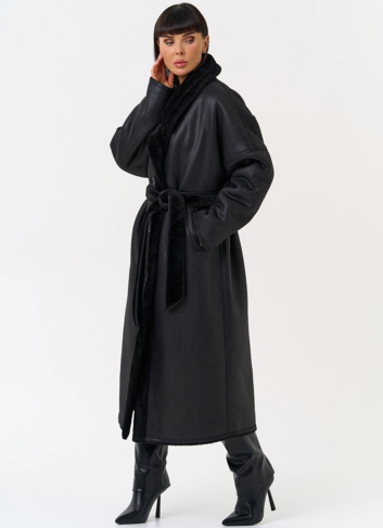 Женская двухсторонняя дубленка из эко замши с воротником шаль