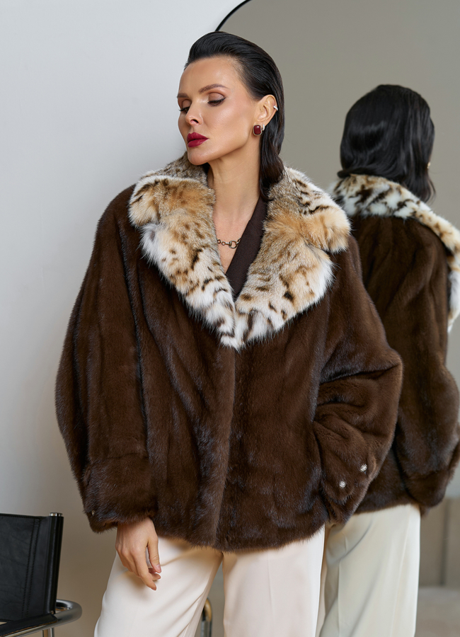 Куртка из меха норки с английским воротником из меха рыси модель № 31756 универмаг малина