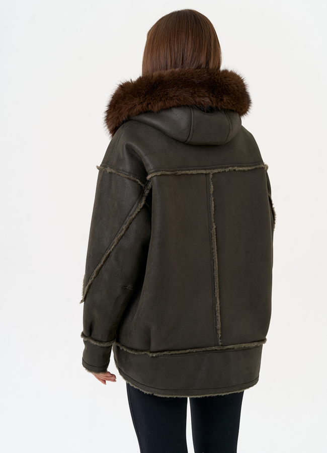 Женская дубленка из эко замши с капюшоном из эко меха модель № 31508 в рассрочку