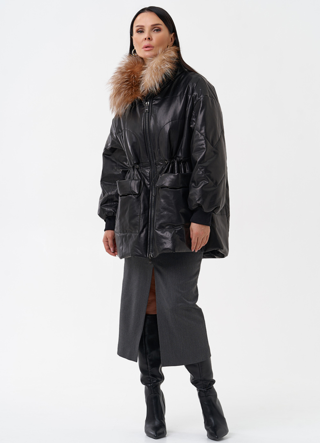 Кожаный пуховик с мехом модель № 29404 универмаг малина