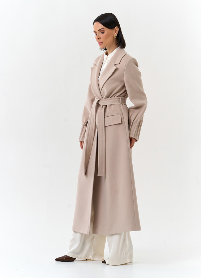 Женское светлое пальто с поясом модель № 32645 универмаг малина