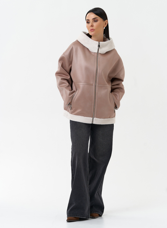 Женская дубленка из эко замши с капюшоном