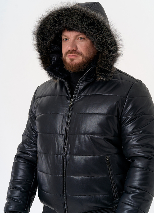 Пуховик из эко кожи черного цвета  модель № 31724 универмаг малина
