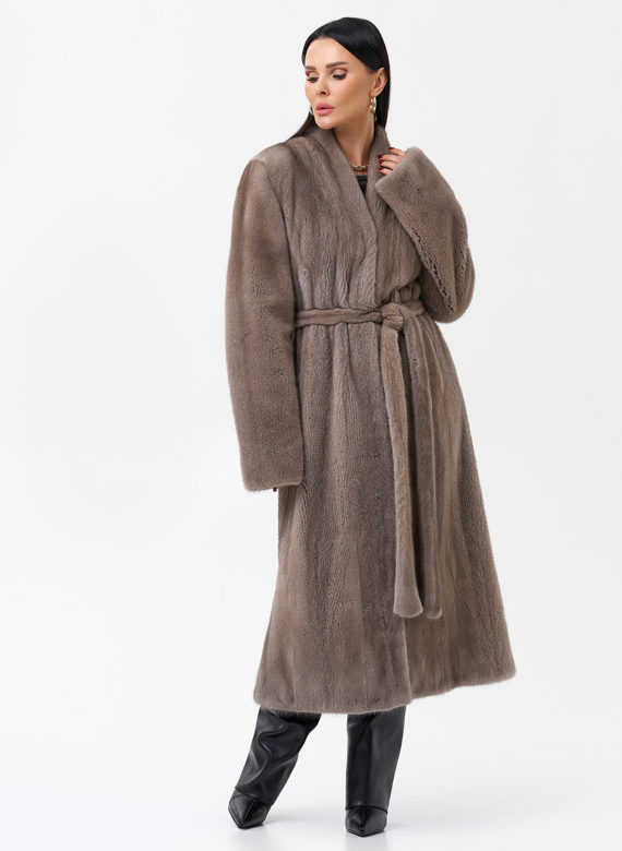 Длинная шуба из норки с поясом