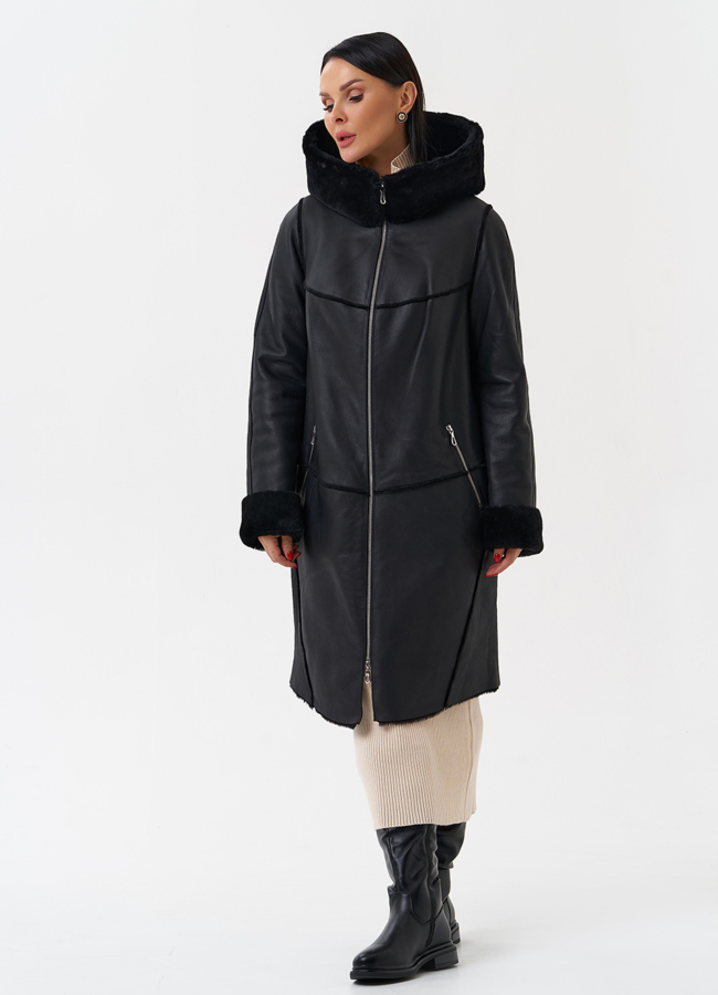 фото Натуральная дубленка с капюшоном модель № 28958