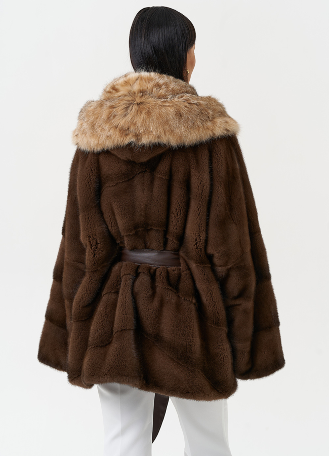 Женская шуба из меха норки с капюшоном из меха рыси модель № 31167 в кредит