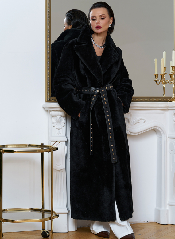 Женская натуральная дубленка с двойным поясом