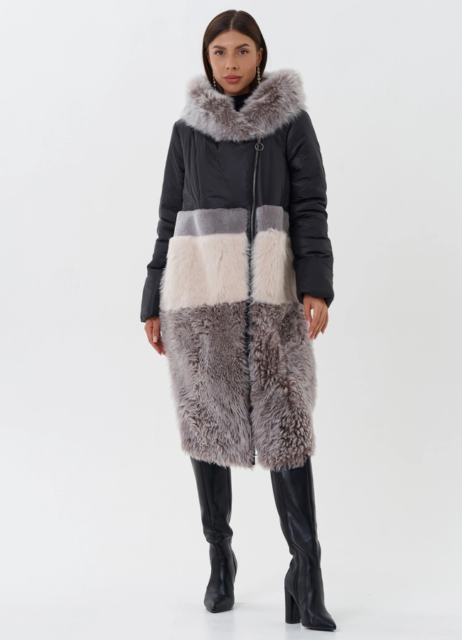 Комбинированный пуховик с овчиной модель № 26911 меха малина