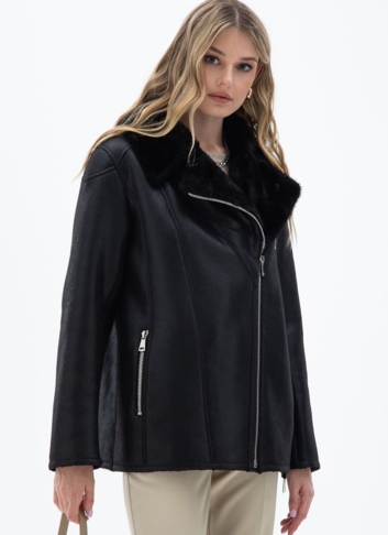 Женская дубленка из эко кожи с отделкой из эко меха