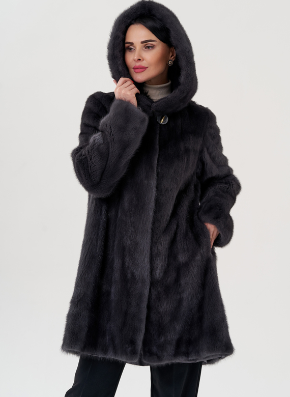 Норковая шуба балетка, в цвете графит с капюшоном