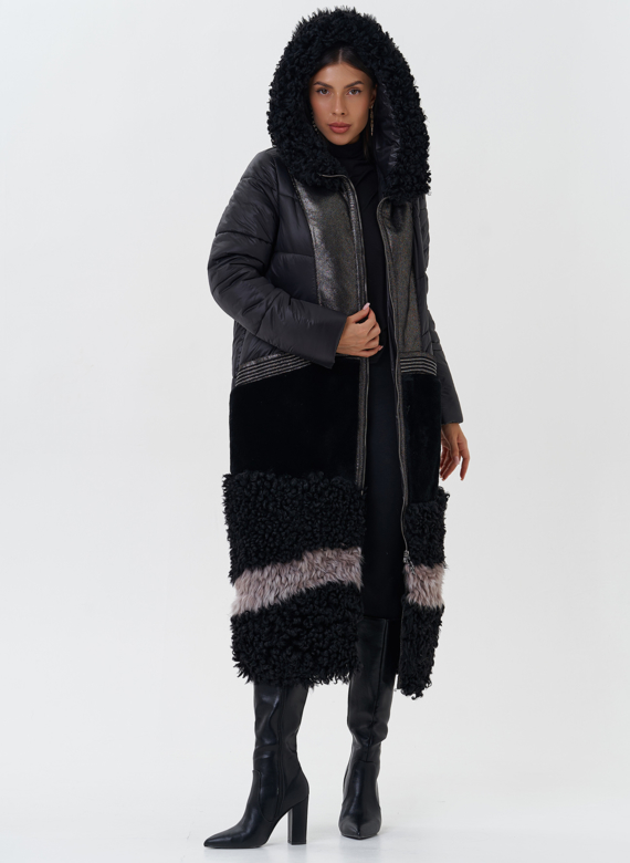 Комбинированный пуховик с капюшоном